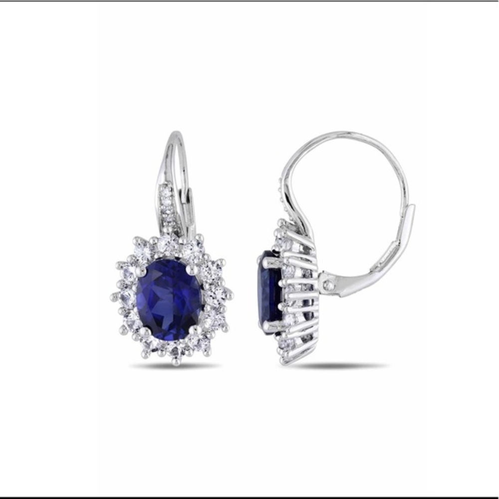 Sterling Silver Diamond Halo & Sapphire Earrings